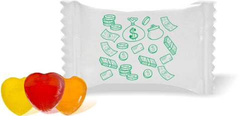 Balas de Brinde Dinheiro Vivo Fundo Branco Duras com Sabor de Frutas - Balinhas Personalizadas