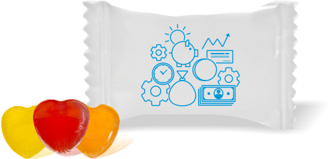 Balas de Brinde Tempo é Dinheiro Fundo Branco Duras com Sabor de Frutas - Balinhas Personalizadas