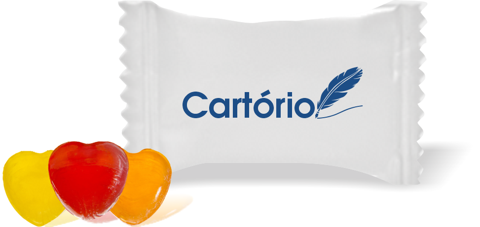 Balas de Brinde Cartório Pena Fundo Branco Duras com Sabor de Frutas - Balinhas Personalizadas