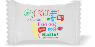 Balas de Brinde Diversas Línguas Fundo Branco Duras com Sabor de Frutas - Balinhas Personalizadas