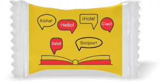 Balas de Brinde Diversas HELLO! Fundo Laranja Duras com Sabor de Frutas - Balinhas Personalizadas