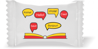 Balas de Brinde Diversas HELLO! Fundo Branco Duras com Sabor de Frutas - Balinhas Personalizadas