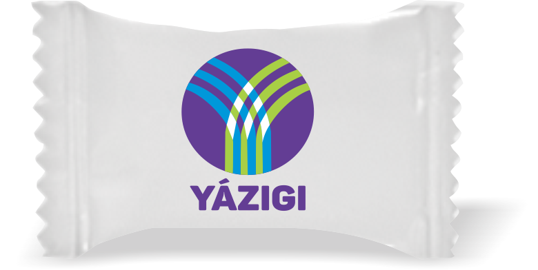 Balas de Brinde YÁZIGI Fundo Branco Duras com Sabor de Frutas - Balinhas Personalizadas