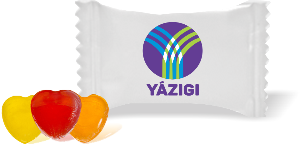 Balas de Brinde YÁZIGI Fundo Branco Duras com Sabor de Frutas - Balinhas Personalizadas