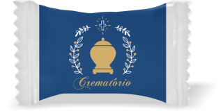 Balas de Brinde Urna e Cruz Crematório Fundo Azul Duras com Sabor de Frutas - Balinhas Personalizadas