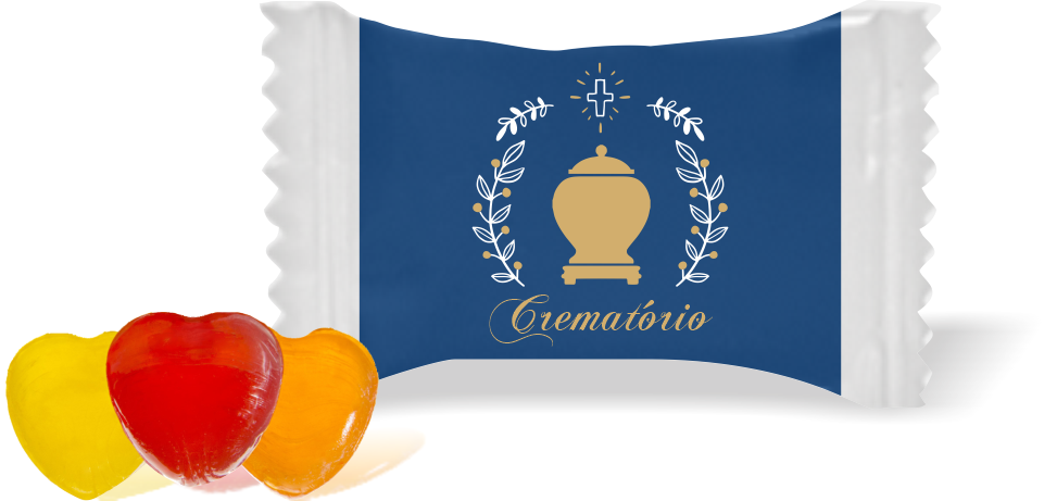 Balas de Brinde Urna e Cruz Crematório Fundo Azul Duras com Sabor de Frutas - Balinhas Personalizadas
