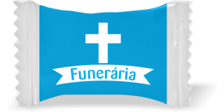 Balas de Brinde Cruz Funerária Fundo Azul Duras com Sabor de Frutas - Balinhas Personalizadas