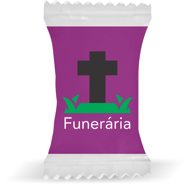 Balas de Brinde Cruz e Gramado Funerária Fundo Lilás Duras com Sabor de Frutas - Balinhas Personalizadas