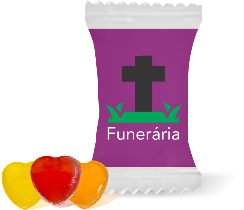 Balas de Brinde Cruz e Gramado Funerária Fundo Lilás Duras com Sabor de Frutas - Balinhas Personalizadas