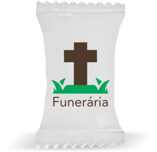 Balas de Brinde Cruz e Gramado Funerária Fundo Branco Duras com Sabor de Frutas - Balinhas Personalizadas