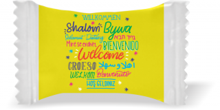 Balas de Brinde Welcome Fundo Amarelo Duras com Sabor de Frutas - Balinhas Personalizadas