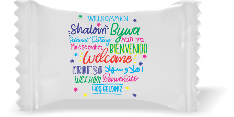 Balas de Brinde Welcome Fundo Branco Duras com Sabor de Frutas - Balinhas Personalizadas