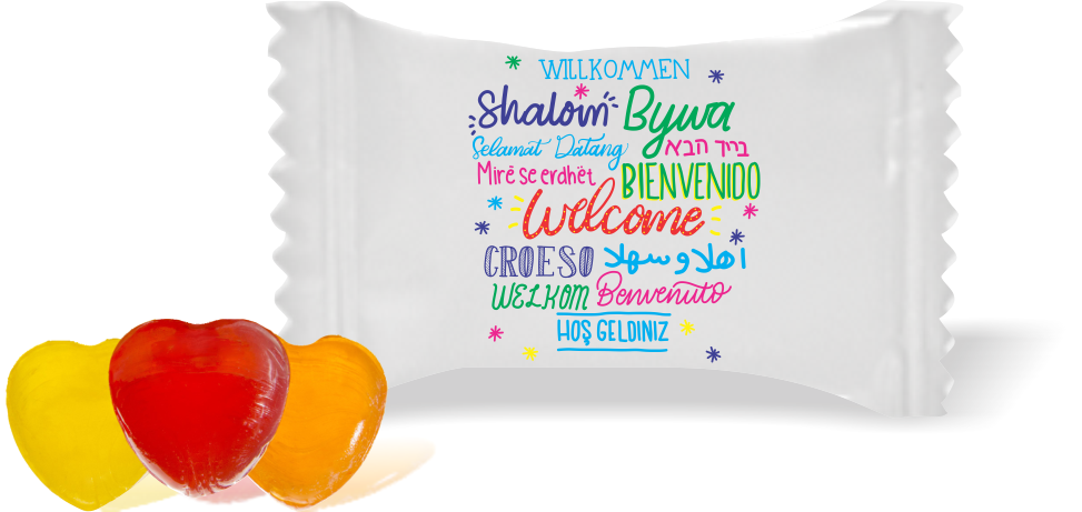Balas de Brinde Welcome Fundo Branco Duras com Sabor de Frutas - Balinhas Personalizadas