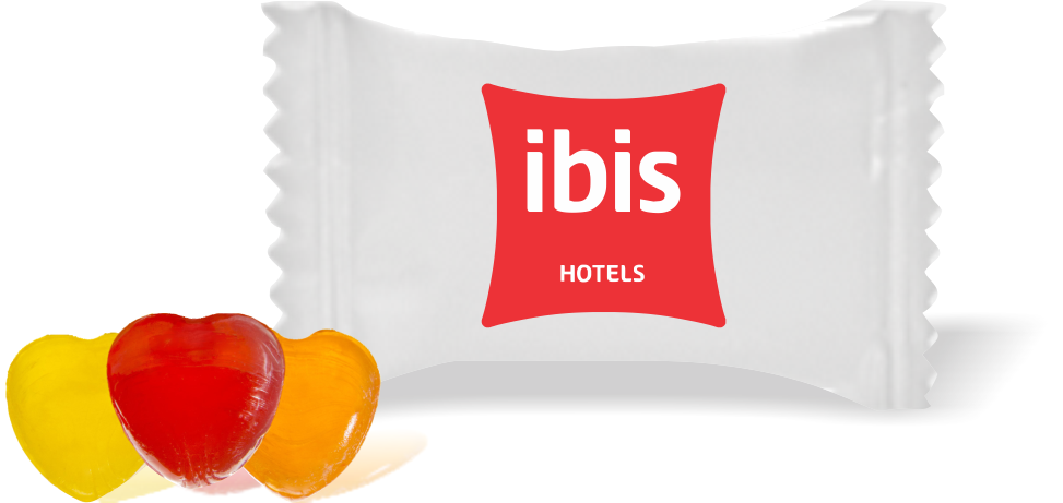 Balas de Brinde ibis Hotels Duras com Sabor de Frutas - Balinhas Personalizadas