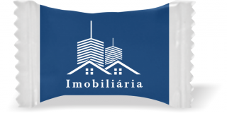 Balas de Brinde Casa e Prédio Imobiliária Fundo Azul Duras com Sabor de Frutas - Balinhas Personalizadas
