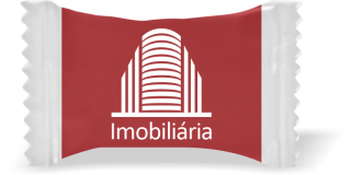 Balas de Brinde Prédio Moderno Imobiliária Fundo Vermelho Duras com Sabor de Frutas - Balinhas Personalizadas
