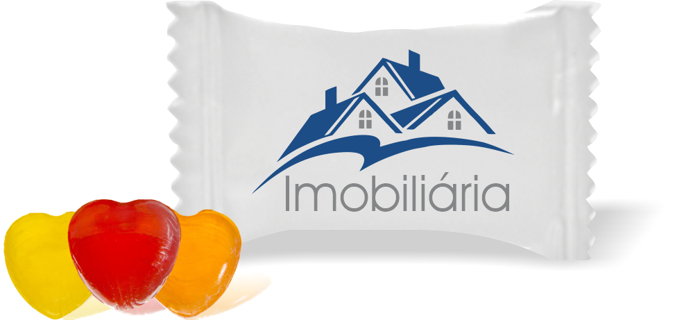 Balas de Brinde Casas Imobiliária Fundo Branco  Duras com Sabor de Frutas - Balinhas Personalizadas