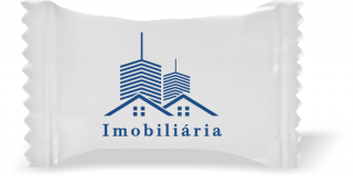 Balas de Brinde Casa e Prédio Imobiliária Fundo Branco Duras com Sabor de Frutas - Balinhas Personalizadas
