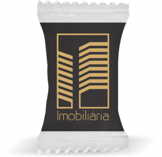 Balas de Brinde Prédio Lateral Imobiliária Fundo Preto Duras com Sabor de Frutas - Balinhas Personalizadas
