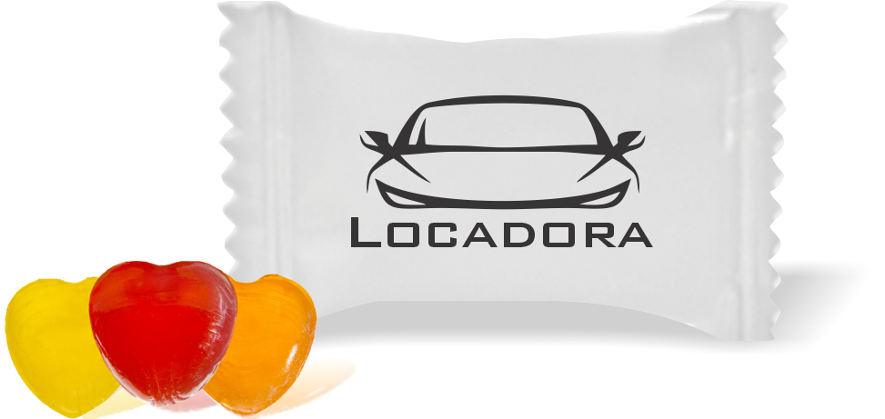 Balas de Brinde  Frente Carro Fundo Branco Duras com Sabor de Frutas - Balinhas Personalizadas