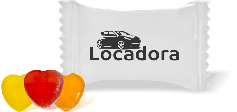 Balas de Brinde Lateral Carro Fundo Branco Duras com Sabor de Frutas - Balinhas Personalizadas
