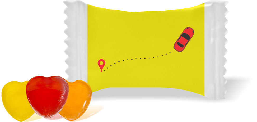 Balas de Brinde  Ponto de Referência Fundo Amarelo Duras com Sabor de Frutas - Balinhas Personalizadas