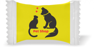 Balas de Brinde  Cão e Gato Fundo Amarelo Duras com Sabor de Frutas - Balinhas Personalizadas