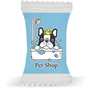 Balas de Brinde Banho Cão Fundo Azul Duras com Sabor de Frutas - Balinhas Personalizadas