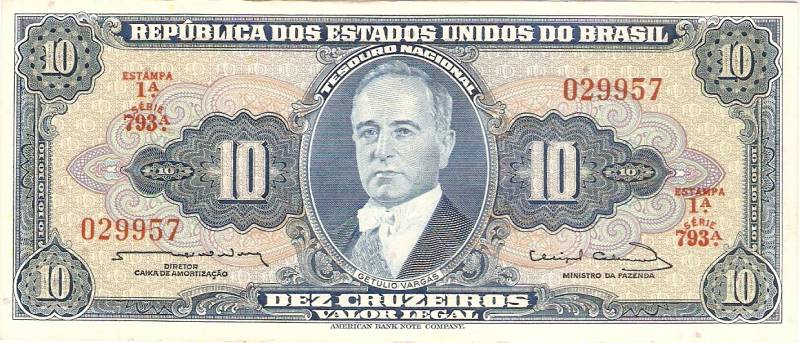 Catálogo Vieira Nº 020 - 10 Cruzeiros  (1º Estampa) (Getúlio Vargas)