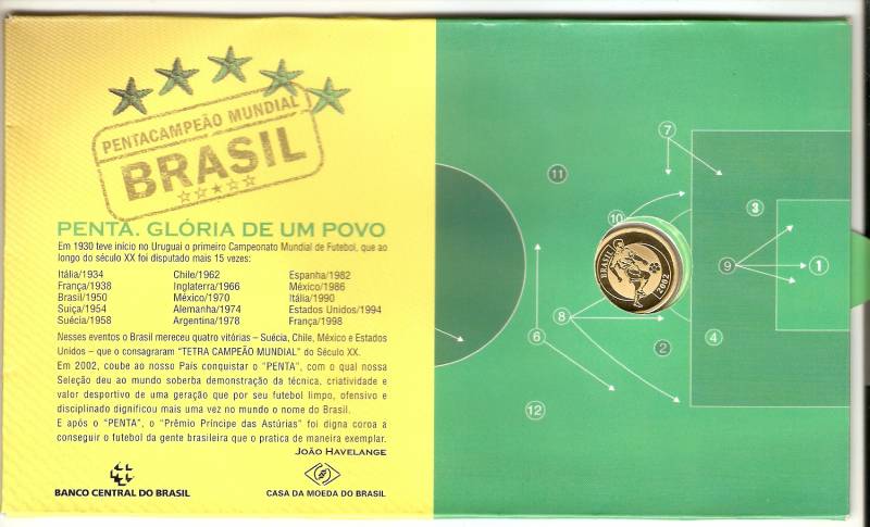 Catálogo Vieira Nº 726 - 20 Reais (Homenagem ao Pentacampeonato de Futebol) Ouro