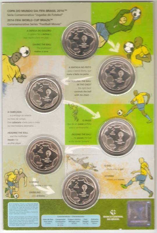 Cartela com as seis moedas de Níquel da Copa do Mundo do Brasil 2014