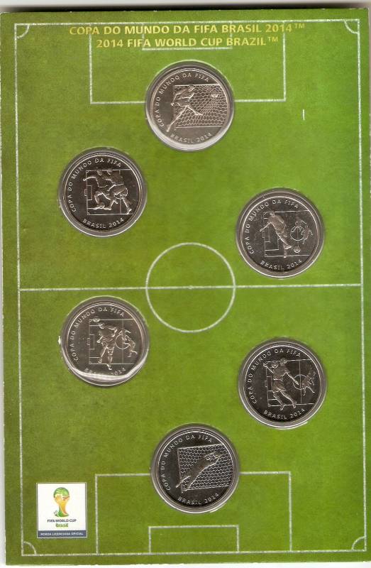 Cartela com as seis moedas de Níquel da Copa do Mundo do Brasil 2014