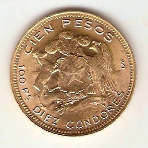 Moeda de Ouro 100 Pesos Chileno 20,4gr