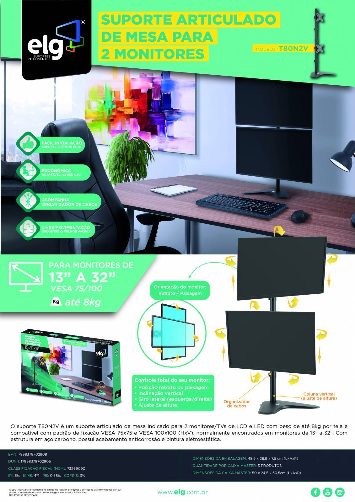 Suporte Artic Mesa 2 Monitores 15 a 32 Reg Altura T80N2v ELG