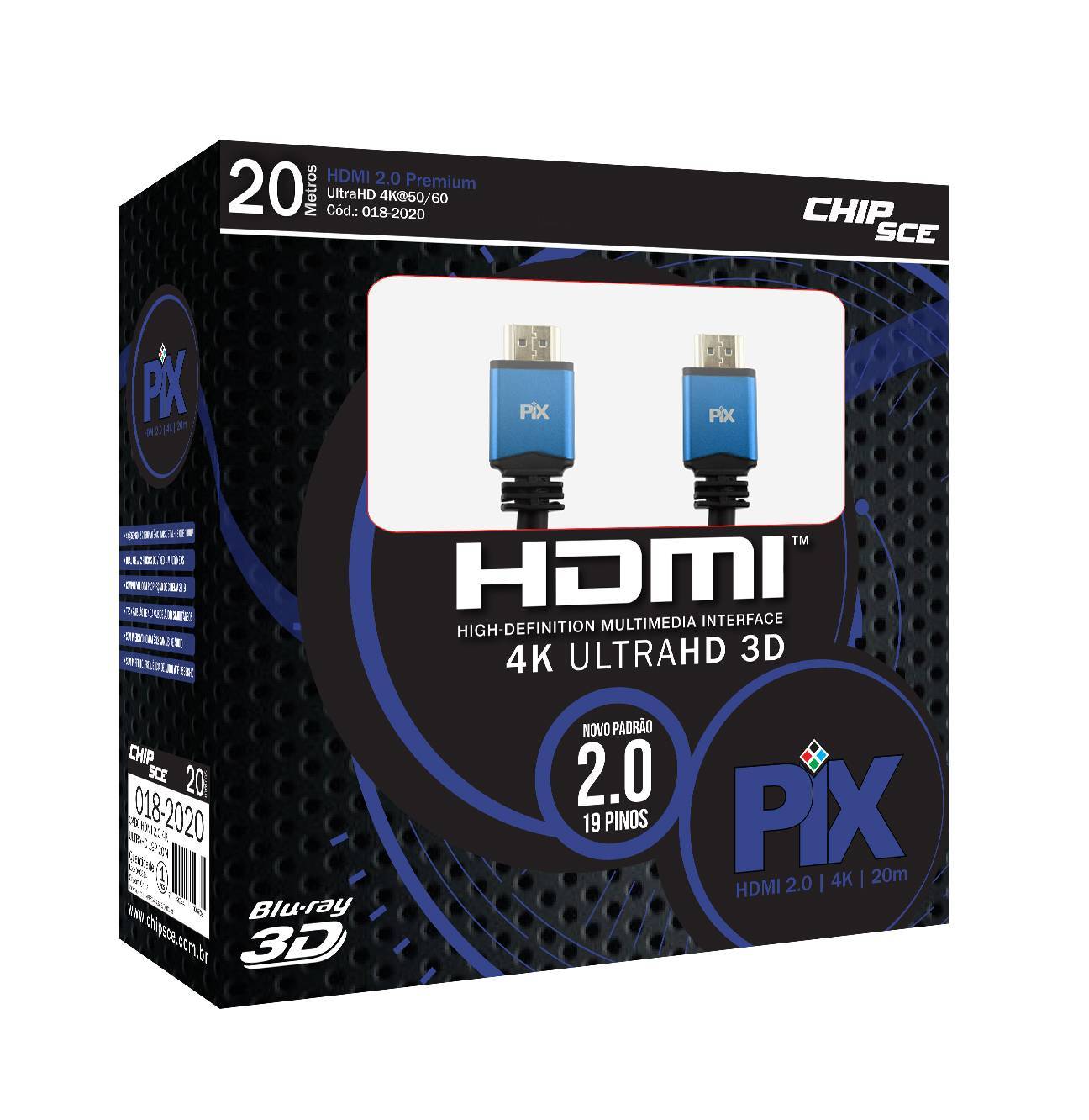Cabo HDMI 20mt 2.0/3D/4K 19 pinos 18Gbit/s - PIX - Ilha Suportes
