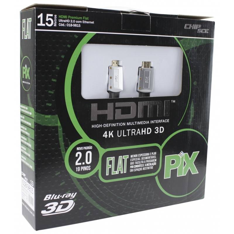 Cabo HDMI 15mt 2.0 Flat ''capa removível''UltraHD 4K - PIX - Ilha Suportes