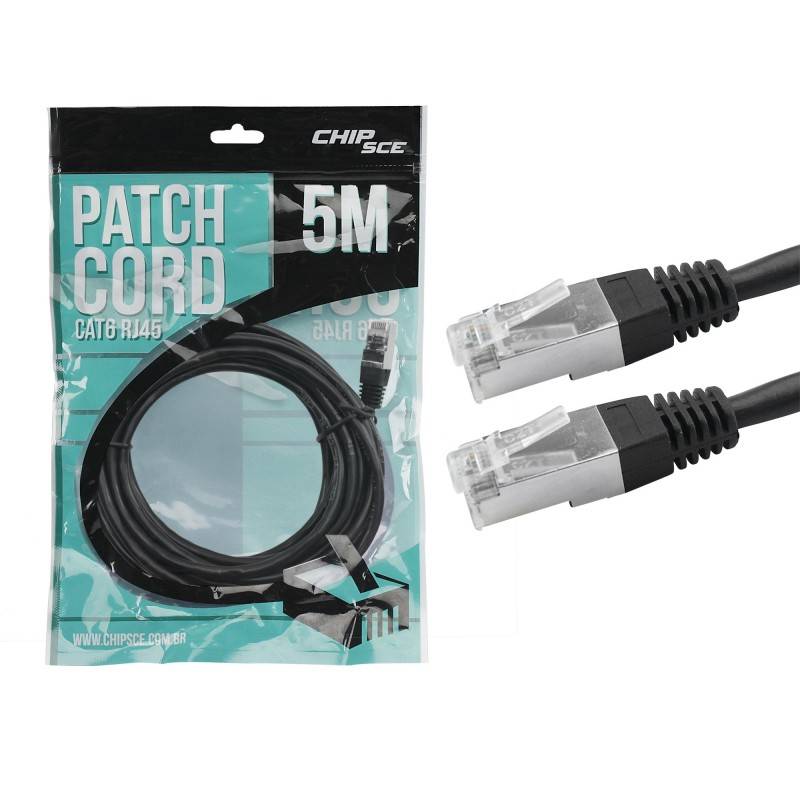 Cabo Patch Cord Cat6 FTP 5 metros Preto - CHIPSCE - Ilha Suportes