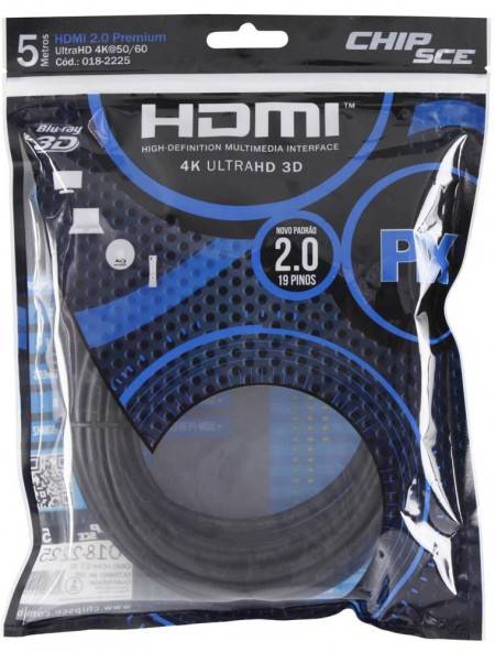 Cabo HDMI 5mt 2.0/3D/4K 19 pinos 18Gbit/s - PIX - Ilha Suportes