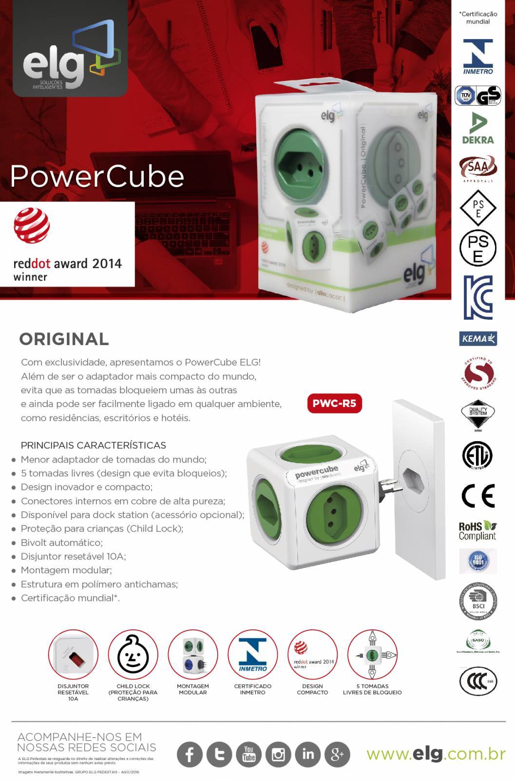 PowerCube Original PWC-R5 ELG Verde 5 Tomadas - Ilha Suportes