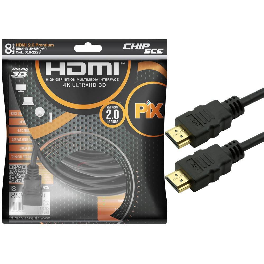 Cabo HDMI 8mt 2.0/3D/4K 19 pinos 18Gbit/s - PIX - Ilha Suportes