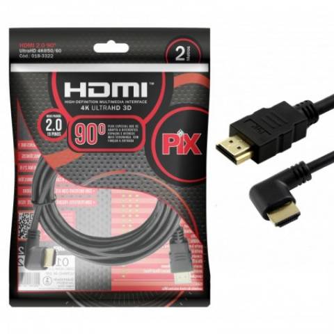 Cabo HDMI 2mt 90º 2.0/3D/4K 19 pinos 18Gbit/s - PIX - Ilha Suportes