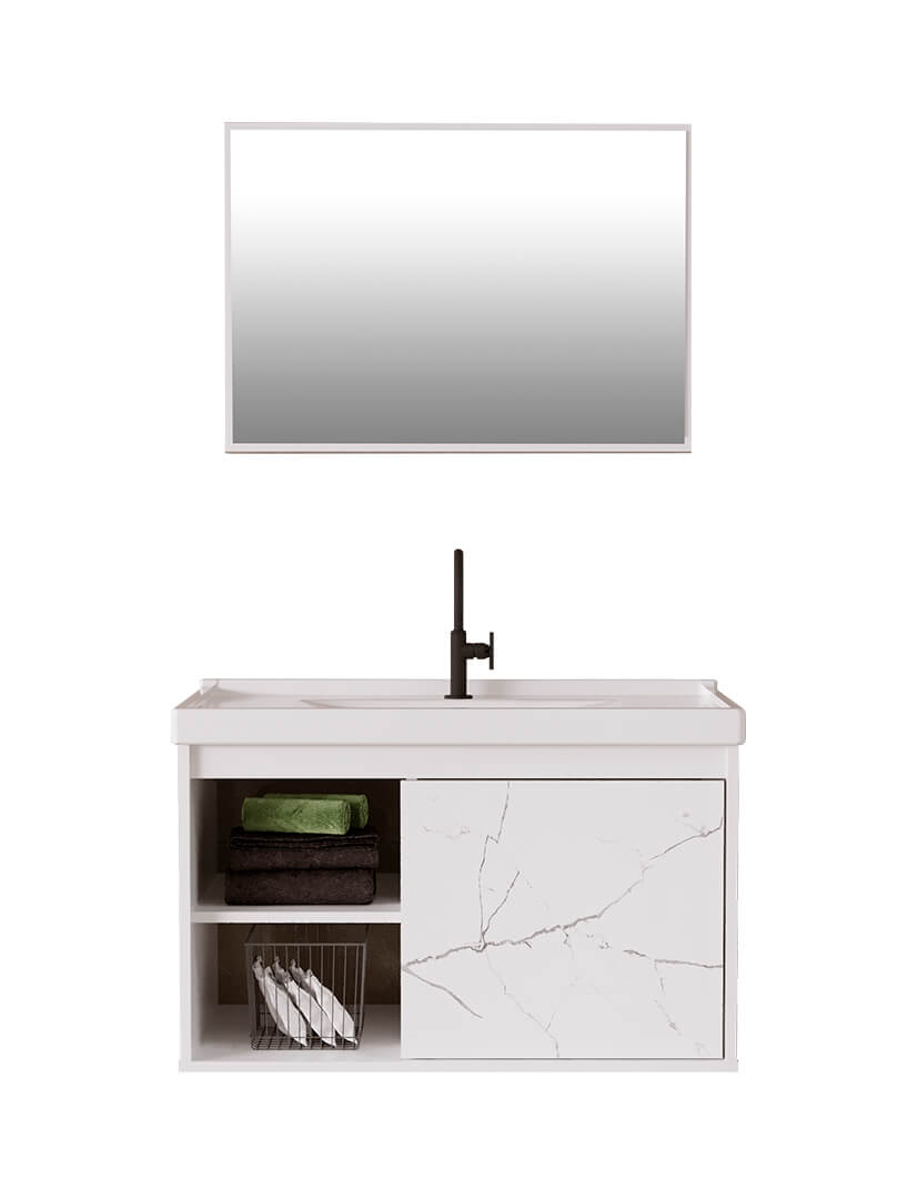 Conjunto Gabinete com Espelheira Cerocha Zeta 64cm Branco com Marmorizado Branco