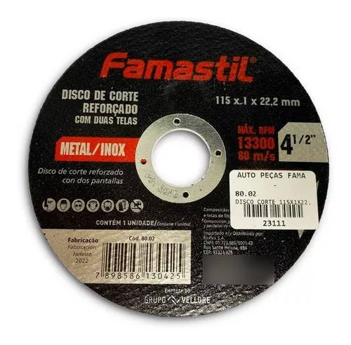 Disco de Corte Aço e Inox 115 x 1,0 x 22,20mm Famastil
