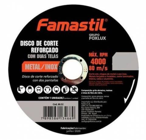 Disco de Corte Aço e Inox 115 x 1,0 x 22,20mm Famastil