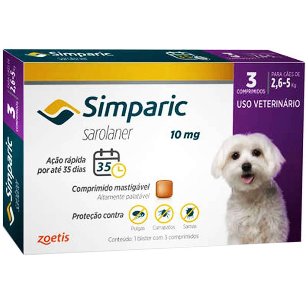 Antipulgas Simparic 10 mg 2,6 à 5kg c/ 3 comprimidos - Aupetmia Petshop