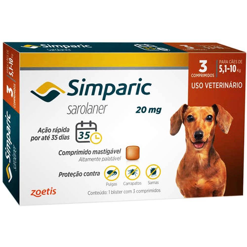 Antipulgas Simparic 20 mg 5,1 Kg - 10 Kg c/ 3 comprimidos - Aupetmia Petshop