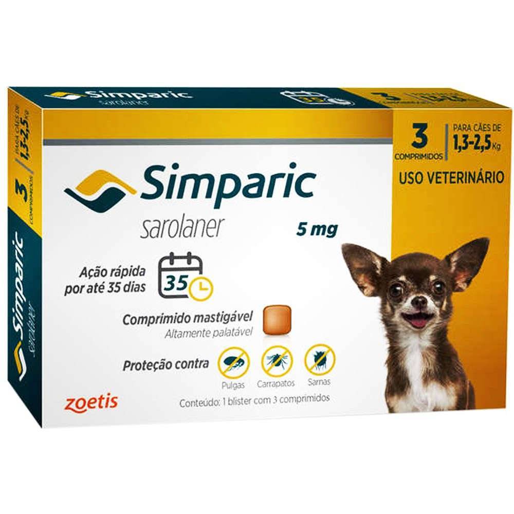 Antipulgas Simparic 5mg 1,3 - 2,5Kg c/ 3 comprimidos - Aupetmia Petshop