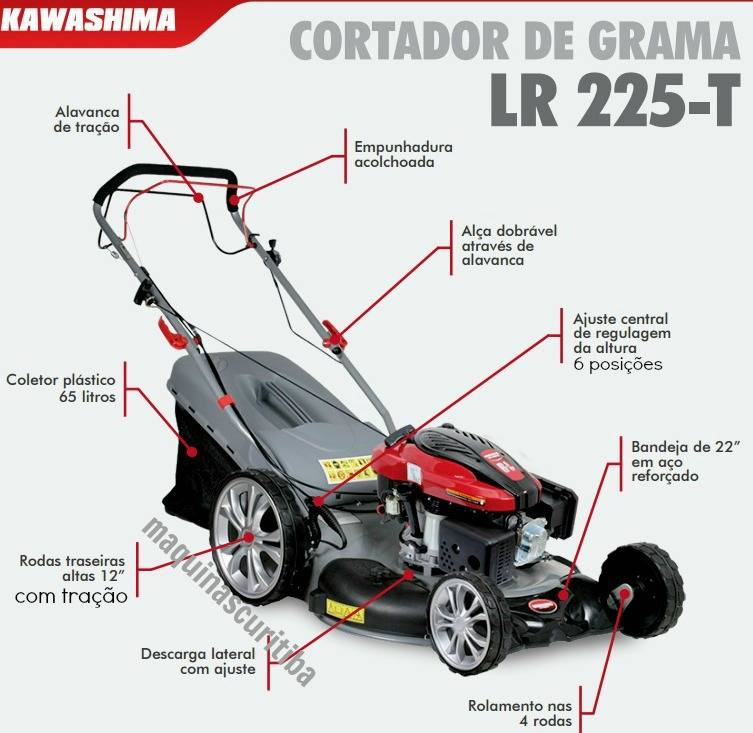 Máquina de cortar grama kawashima LR225-T a gasolina 4 tempos 6,5HP com tração e recolhedor