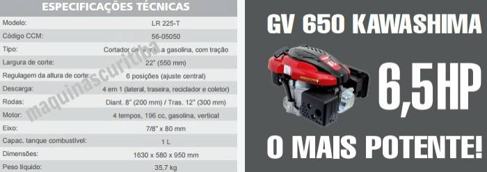 Máquina de cortar grama kawashima LR225-T a gasolina 4 tempos 6,5HP com tração e recolhedor