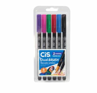 Kit Caneta CiS Dual Brush c/ 6 Cores Vibrantes Aquarelável
